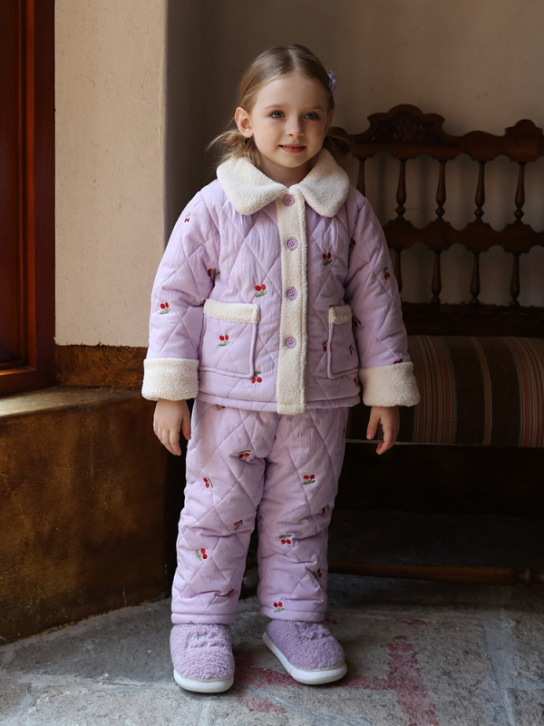 Gyerekeknek szóló pamutból készült háromrétegű, steppelt pizsama téli viselet – hosszú ujjú, gallér, édes stílus, 3–8 éveseknek