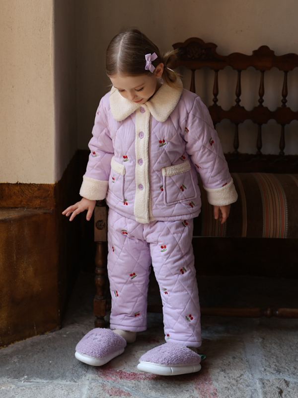 Gyerekeknek szóló pamutból készült háromrétegű, steppelt pizsama téli viselet – hosszú ujjú, gallér, édes stílus, 3–8 éveseknek