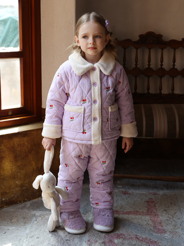 Gyerekeknek szóló pamutból készült háromrétegű, steppelt pizsama téli viselet – hosszú ujjú, gallér, édes stílus, 3–8 éveseknek