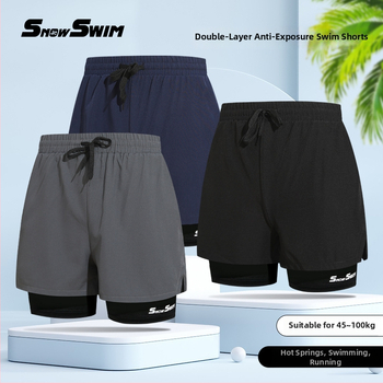 Ανδρικά διπλού στρώματος μαγιό σορτς, γρήγορο στέγνωμα, boxer στυλ, πολυεστέρας 85% με επένδυση πολυεστέρα 100%, 190 g/m²
