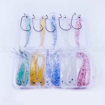 Minkštų masalų rinkinys su šaukšto formos uodega, švytintis tamsoje, tinkamas jūrinei ir gėlavandeninei basa žvejybai