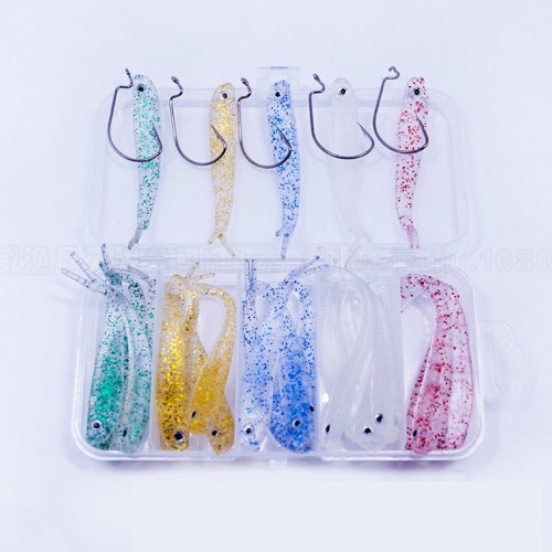 Minkštų masalų rinkinys su šaukšto formos uodega, švytintis tamsoje, tinkamas jūrinei ir gėlavandeninei basa žvejybai