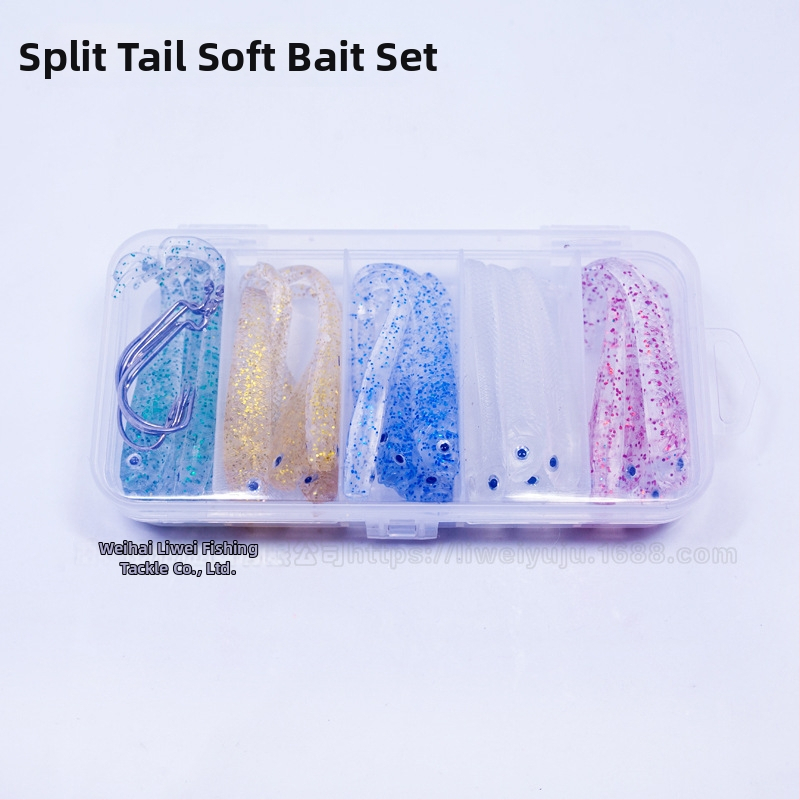 Minkštų masalų rinkinys su šaukšto formos uodega, švytintis tamsoje, tinkamas jūrinei ir gėlavandeninei basa žvejybai