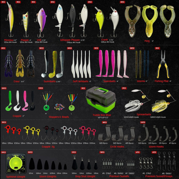 Zvejas komplekts: Mino mīkstās mānekļi, imitējošs dzīvais mānekļi, āķi, spoža lāpstiņa