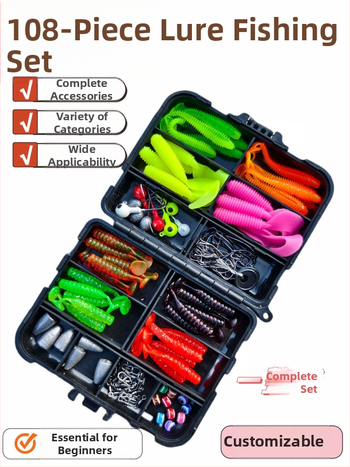 108 dalių žvejybos komplektas su minkštomis masalomis, pradedančiųjų rinkai, su crank kabliukais ir Texas rig komponentais