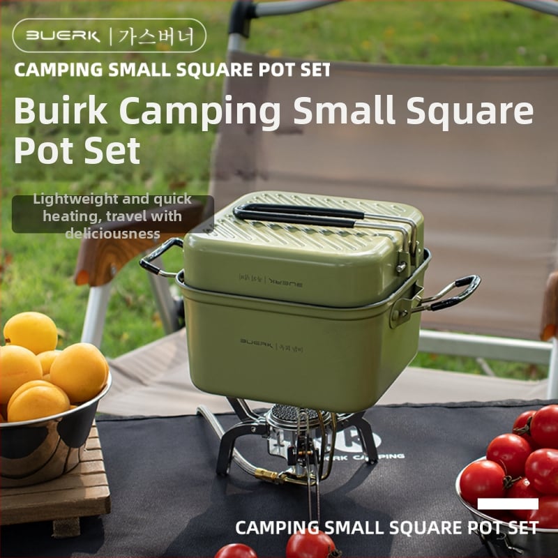 BUERK BG-D01 Комплект съдове за къмпинг от неръждаема стомана – сгъваем квадратен съд и тиган, 0.43 кг, за 2 човека