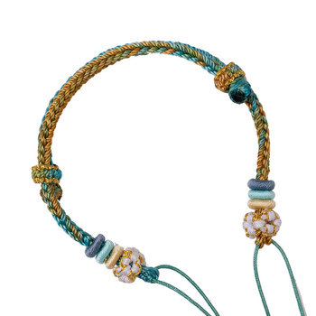 DIY гривна: ръчно плетена с узел прасковено цветче, Dzi мъниета, пчелен восък, тюркоаз и златни акценти