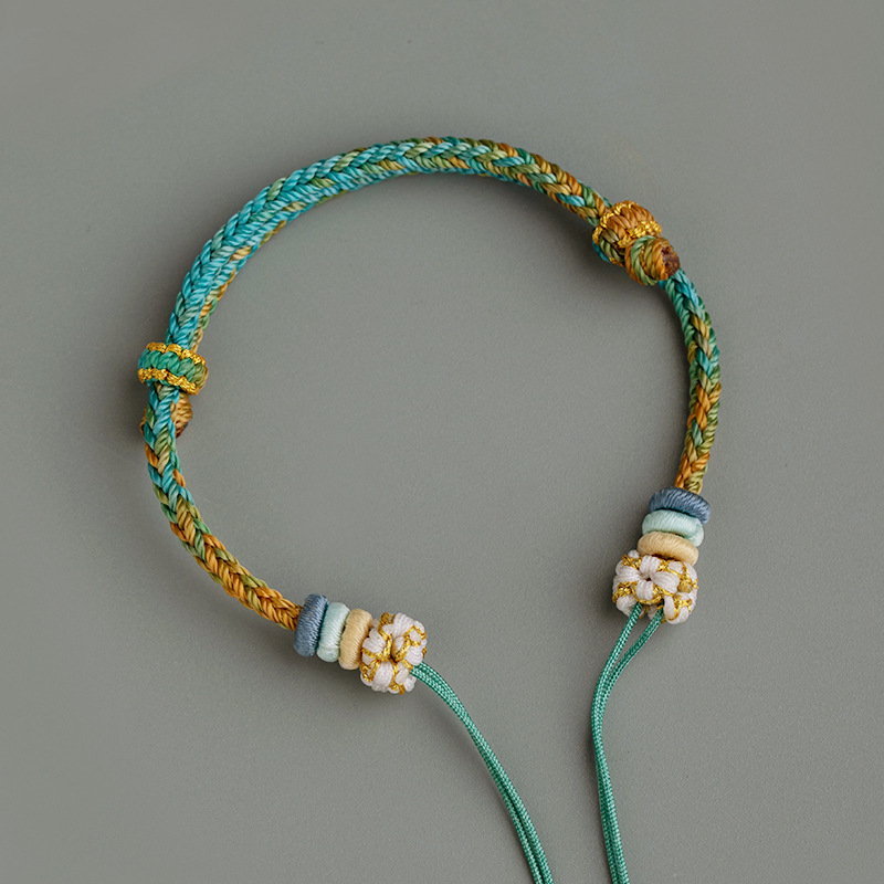 DIY гривна: ръчно плетена с узел прасковено цветче, Dzi мъниета, пчелен восък, тюркоаз и златни акценти
