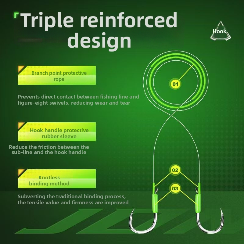 Žvejybos kabliukas su karoliukais ir be kilpos linijos, trigubai stiprintas, lengvas