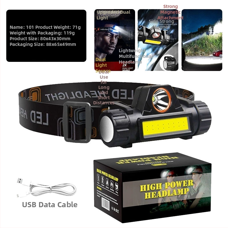 LED galvos žibintuvas, įkraunamas, atsparus vandeniui, 100 m sklaidos atstumas, veikimo laikas 1 val.