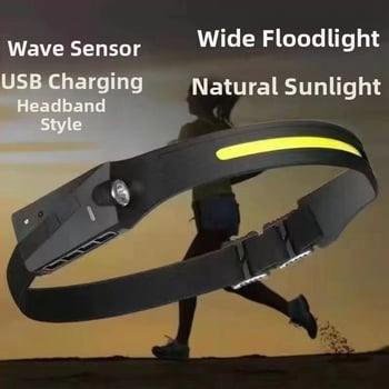 Nabíjateľná LED čelovka s vlnovým senzorom, USB-C nabíjanie, COB LED, lúč 200–500 m, na rybárčenie