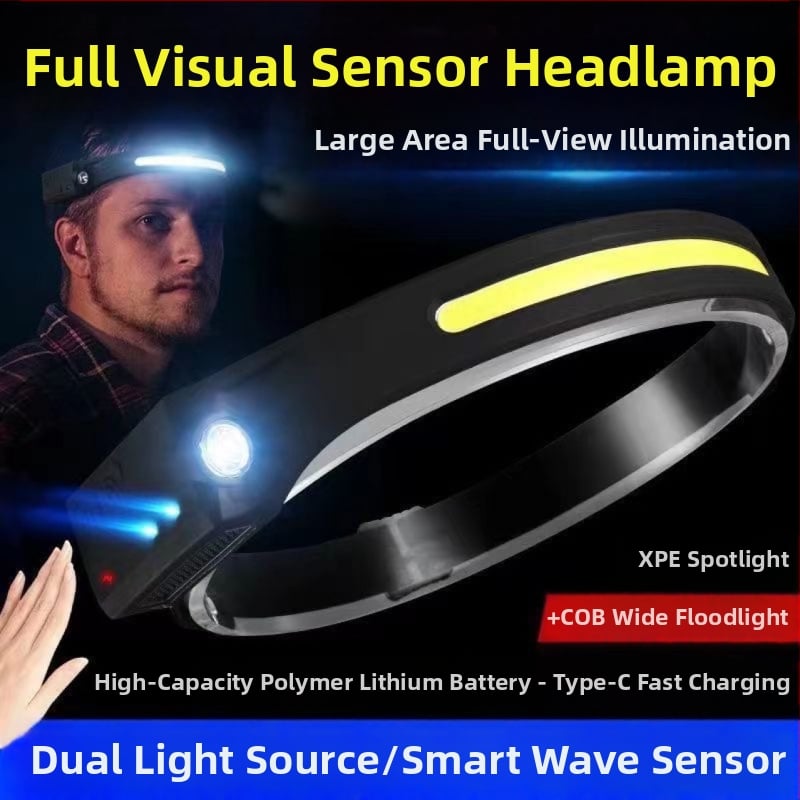 Újratölthető LED fejfény hullámszenzorral, USB-C töltéssel, COB LED, 200–500 m fénysugár, horgászathoz