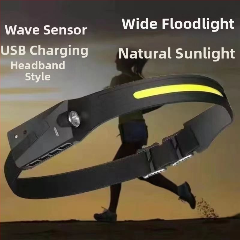 Nabíjateľná LED čelovka s vlnovým senzorom, USB-C nabíjanie, COB LED, lúč 200–500 m, na rybárčenie