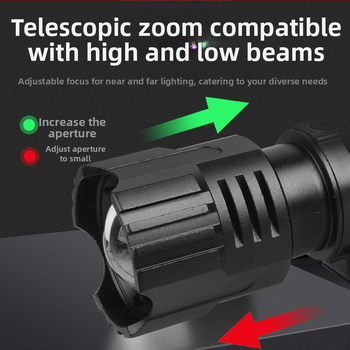 Čelová lampa na rybolov s hliníkovou zliatinou, LED s vysokou jasnosťou, nabíjateľná; Model 8071, hmotnosť 175 g, dosvit 200–300 m, doba svitu 3 h