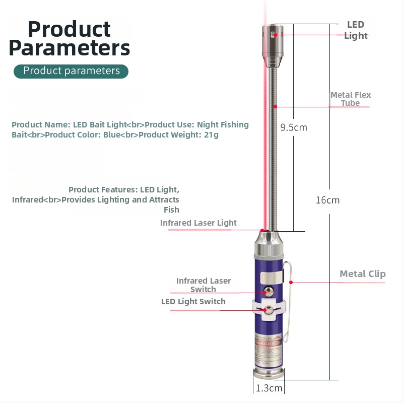 Naktinė žvejybos LED lemputė masalams su aliuminio lydinio korpusu, baterijų maitinimas, magnetas, diapazonas iki 50 m