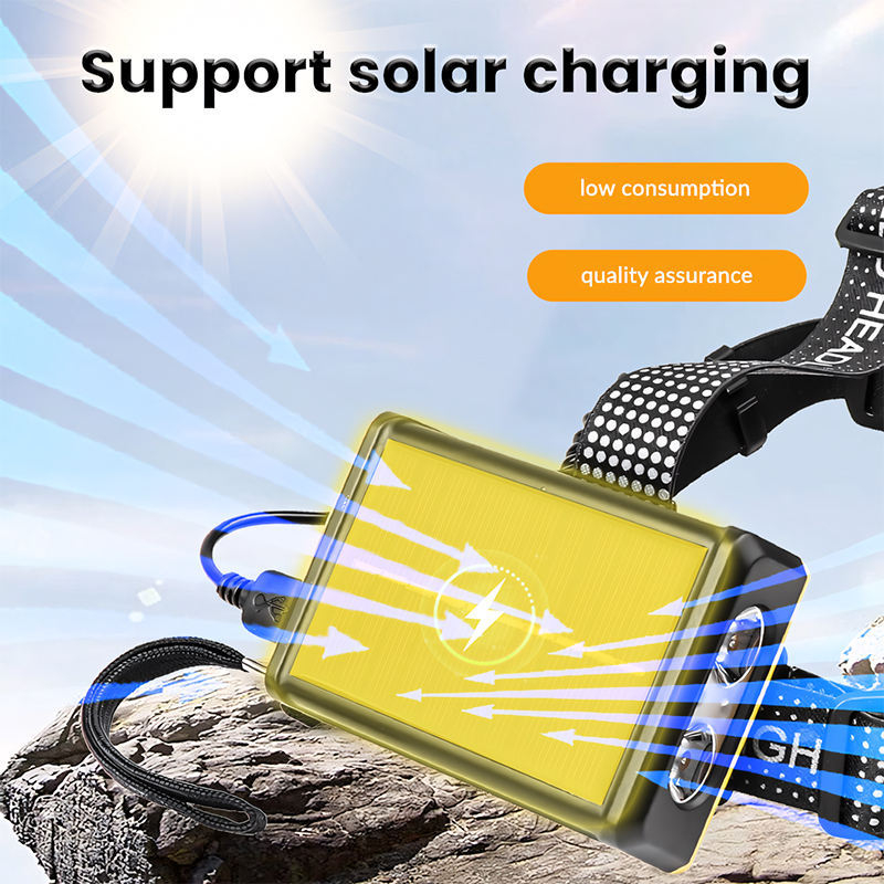 Frontala pentru cap cu încărcare solară, LED, 30W, baterie Li‑ion încorporată, impermeabilă
