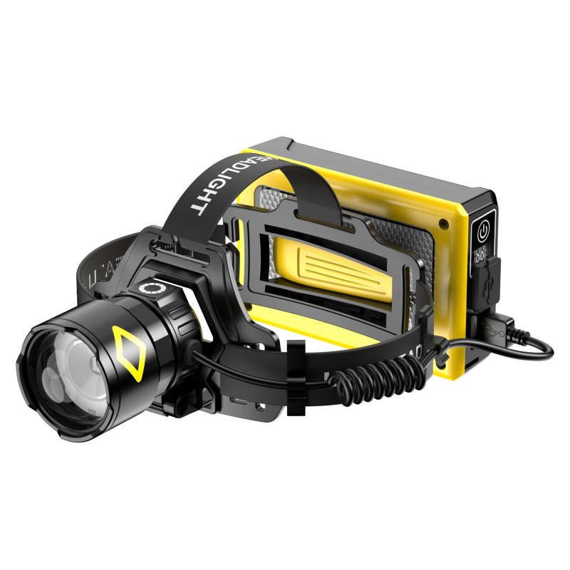 Frontala pentru cap cu încărcare solară, LED, 30W, baterie Li‑ion încorporată, impermeabilă