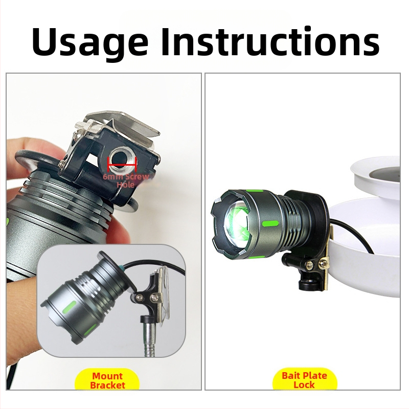 Nakties žvejybos lempos galva su USB išoriniu maitinimu, pastovus srovė, 5V reguliuojamas fokusas, trijų LED šviesos šaltinių, diapazonas 200–500 m