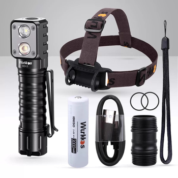 WURKKOS HD15 dvostruko LED svjetlo s glavu i ručno za kampiranje; kućište od aluminijske legure, 20 W, 3000 mAh punjiva baterija, LED svjetlo, domet 50–100 m