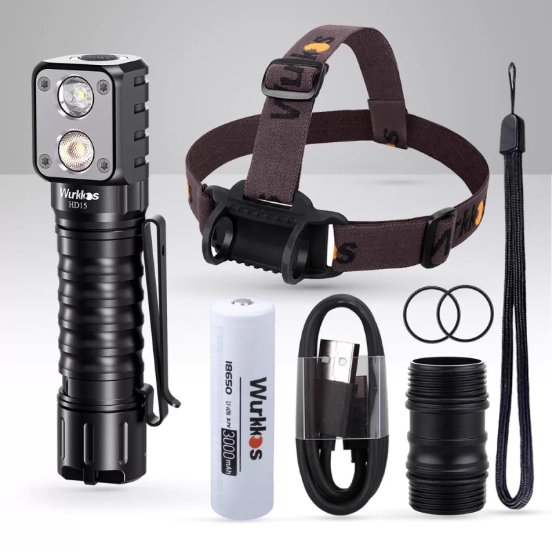 WURKKOS HD15 dvostruko LED svjetlo s glavu i ručno za kampiranje; kućište od aluminijske legure, 20 W, 3000 mAh punjiva baterija, LED svjetlo, domet 50–100 m
