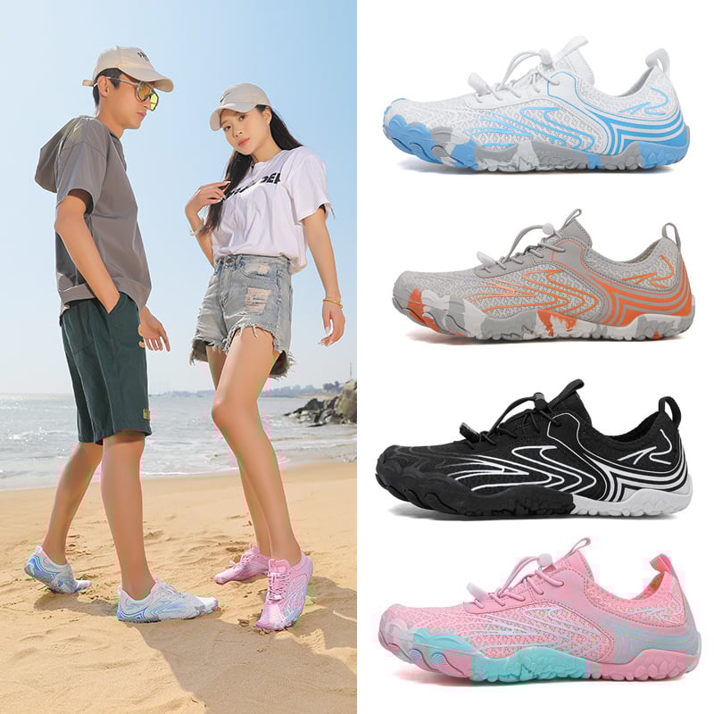 Обувки за водни спортове с пет пръста – дишащи, бързосъхнещи и анти-хлъзгави; нисък глезен; горна част от еластична Lycra; подметка от естествен каучук