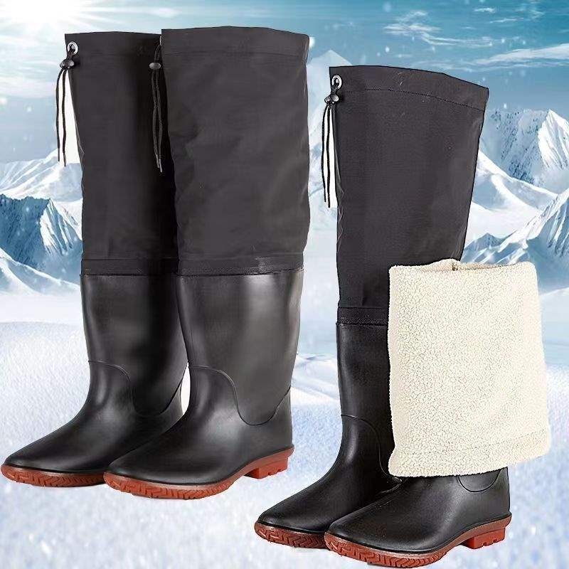 Cizme de ploaie până la genunchi, exterior din PVC, talpă din cauciuc, guler înalt, impermeabile și calde