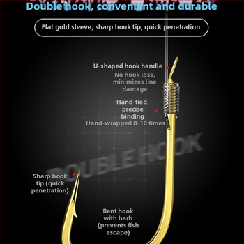 Žvejybos linijų rinkinys su dvigubais kabliukais ir auksine apdaila, medžiaga: šilkinė gėlė, ilgis 3,6 m, upės žvejybai