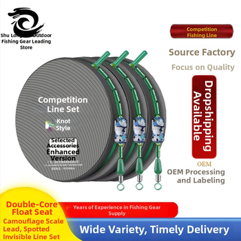 Rankų darbo Taivanio stiliaus žvejybos linijų rinkinys su pagrindine linija ir papildomąja linija; medžiaga: nailono siūlas; ilgiai: 3.06 m, 4.35 m, 5.34 m, 6.33 m, 7.2 m; kilmė: Jiangsu; žvejybos vietos: juodos duobės, tvenkiniai, upeliai
