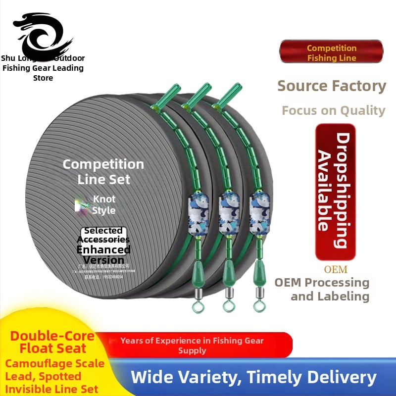 Rankų darbo Taivanio stiliaus žvejybos linijų rinkinys su pagrindine linija ir papildomąja linija; medžiaga: nailono siūlas; ilgiai: 3.06 m, 4.35 m, 5.34 m, 6.33 m, 7.2 m; kilmė: Jiangsu; žvejybos vietos: juodos duobės, tvenkiniai, upeliai