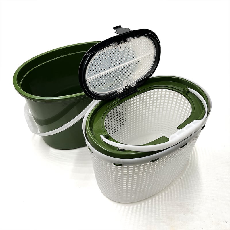 Dviejų sluoksnių kibiras gyviems žuvims žvejybai lauke • Medžiaga: PP • Svoris: 1 kg