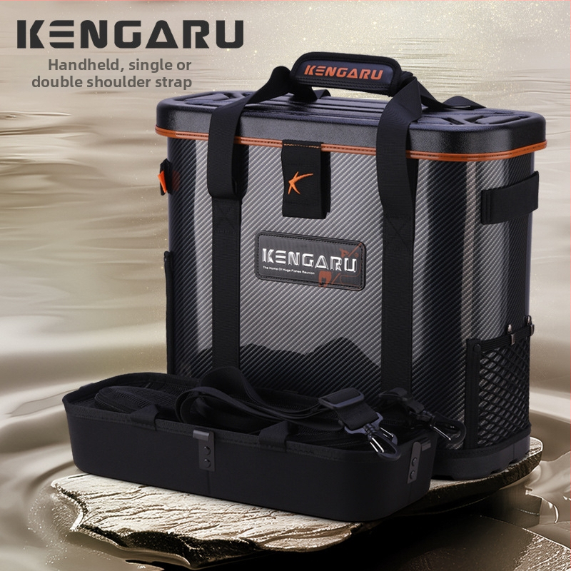 Kenglu Ciets zivju aizsardzības tverts – daudzfunkcionāla, viegla un pārnēsājama oksigēto dzīvo zivju tvertnes ar integrētu sēdvietu; Materiāls: PP; Kopējais svars: 2,8 kg