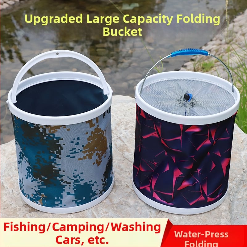 Išorinio žvejybos kibiro didelės talpos, iš plastiko, sulankstomas, su tinkle ir virve, kompaktiškai nešiojamas automobiliui, skirtas gyvoms žuvims pervežti