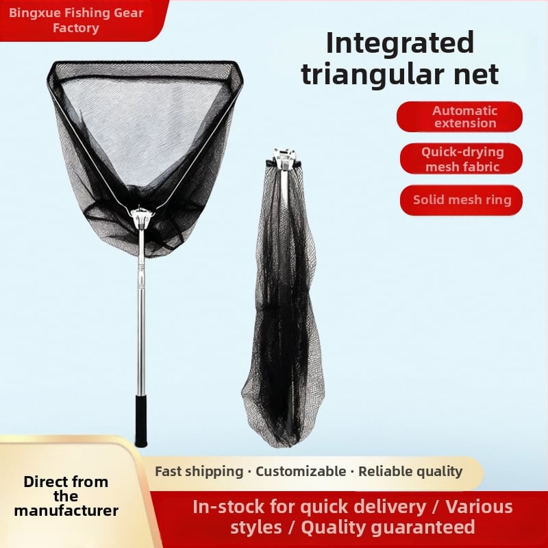 Trikampė žvejybos tinklas su teleskopine lazdele, integruota sulankstoma konstrukcija, nerūdijančio plieno tinklelis, gylis 30