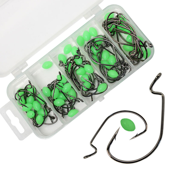 51-dijelni Texas set udica za pecanje, s crank udicama, udicama za mekane mamce, luminescentne perlice, crni nikl, s širokim trbušnim oblikom, u kutiji