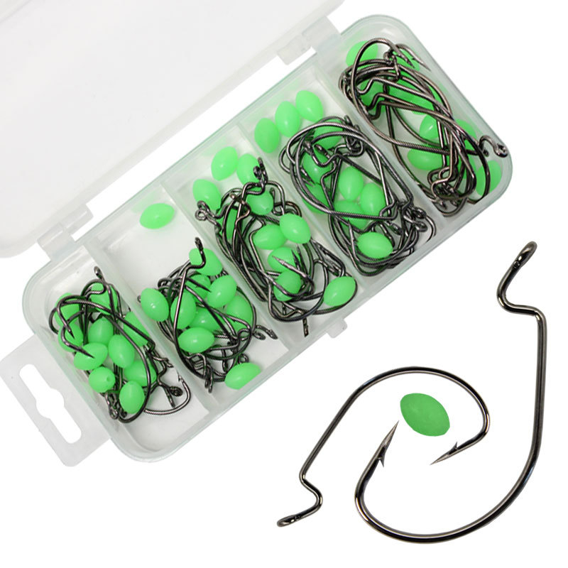 51-dijelni Texas set udica za pecanje, s crank udicama, udicama za mekane mamce, luminescentne perlice, crni nikl, s širokim trbušnim oblikom, u kutiji