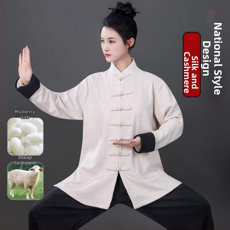 Tai Chi unisex súprava na jeseň-zimu z polyester-viskoza-spandex, s hodvábnymi a vlnenými detailmi, vhodná na praxi Tai Chi a bojových umení