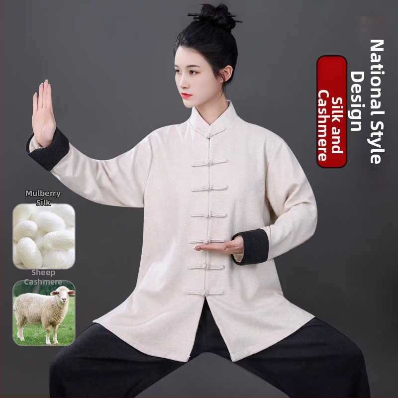 Tai Chi unisex súprava na jeseň-zimu z polyester-viskoza-spandex, s hodvábnymi a vlnenými detailmi, vhodná na praxi Tai Chi a bojových umení