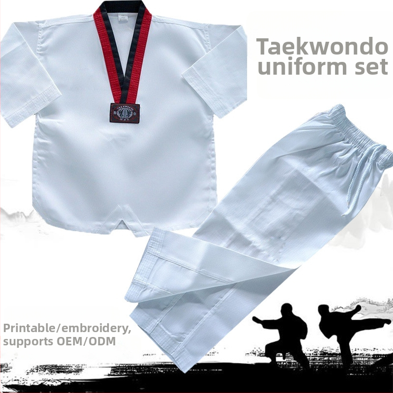 Taekwondo uniforma (vienkrāsains raksts, poliestera-kokvilnas audums, oderes kokvilnas maisījums, izcelsme: Qingdao, Šandongas reģions)
