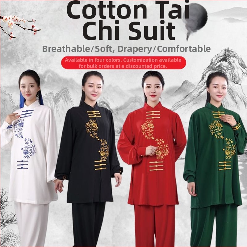Vienos lyties Tai Chi siuvinėtas kostiumas, elastinis perlų medvilnės audinys, 75% poliesteris, ilgomis rankovėmis, suaugusiems