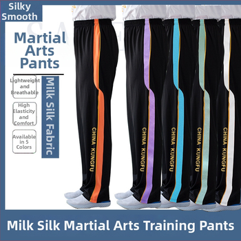 Suaugusiųjų unisex kovos menų treniruočių kelnės su didele elastika, pieno šilko audinys (polisteris 95%), tiesus kirpimas