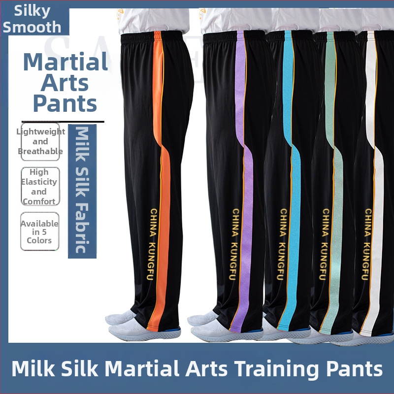 Suaugusiųjų unisex kovos menų treniruočių kelnės su didele elastika, pieno šilko audinys (polisteris 95%), tiesus kirpimas