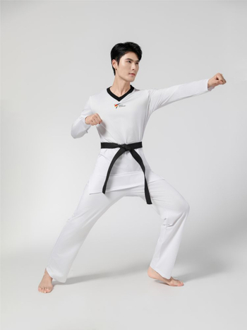 Taekwondo sacensību apģērbs – augsta elastība, Raksts: Broken Flowers, Pielāgota logo, 82% poliestera / 18% elastāns