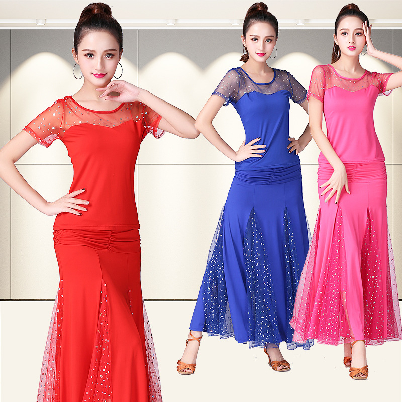 Set haljina za ballroom modern ples za praksu s sequin suknjom i širokim zamahujućim suknjom; Marka Yihuang; Materijal: Milk Silk; Glavni sastav tkanine: Poliester 95% + Elastan 5%; Namjena: plesni ballroom; Spol: Ženski