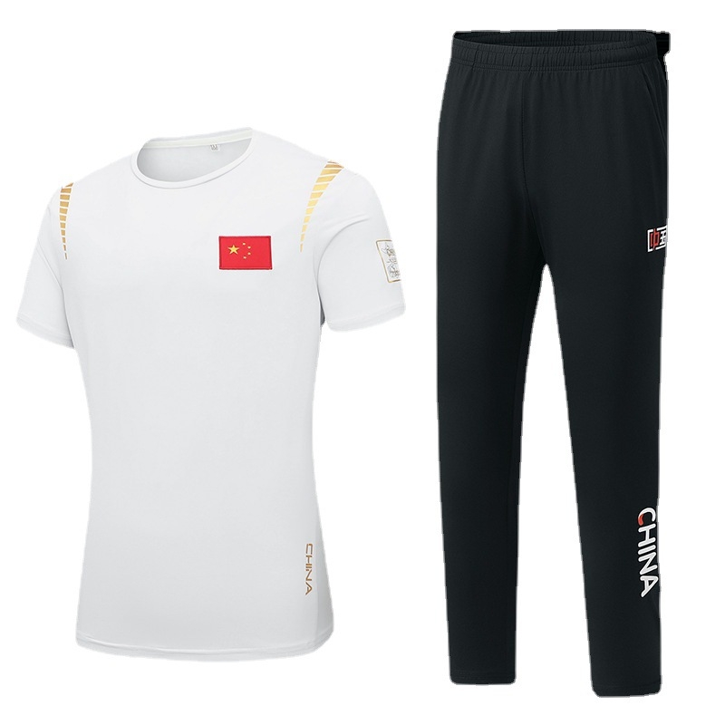 Vasaras sporta komplekts: īsām piedurknēm tops ar apaļu kaklu un garas bikses, poliesters 95%, universāls pieaugušajiem