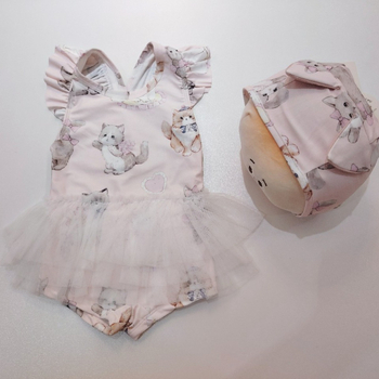 Ολόσωμο μαγιό για κορίτσια με φουσκωτή φούστα, μοτίβο γάτας-καρτούν, ύφασμα Milk Silk (100% Spandex), επένδυση πολυεστέρα (100% Spandex), κορεατικής έκδοσης καρτούν, κατάλληλο για κολύμβηση και υδάτινες δραστηριότητες, ηλικίες 1–10 ετών