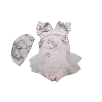 Ολόσωμο μαγιό για κορίτσια με φουσκωτή φούστα, μοτίβο γάτας-καρτούν, ύφασμα Milk Silk (100% Spandex), επένδυση πολυεστέρα (100% Spandex), κορεατικής έκδοσης καρτούν, κατάλληλο για κολύμβηση και υδάτινες δραστηριότητες, ηλικίες 1–10 ετών