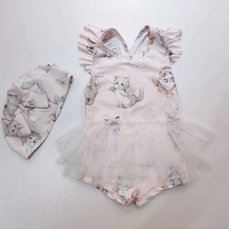 Ολόσωμο μαγιό για κορίτσια με φουσκωτή φούστα, μοτίβο γάτας-καρτούν, ύφασμα Milk Silk (100% Spandex), επένδυση πολυεστέρα (100% Spandex), κορεατικής έκδοσης καρτούν, κατάλληλο για κολύμβηση και υδάτινες δραστηριότητες, ηλικίες 1–10 ετών