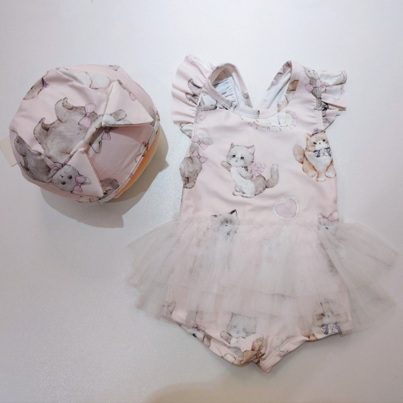 Ολόσωμο μαγιό για κορίτσια με φουσκωτή φούστα, μοτίβο γάτας-καρτούν, ύφασμα Milk Silk (100% Spandex), επένδυση πολυεστέρα (100% Spandex), κορεατικής έκδοσης καρτούν, κατάλληλο για κολύμβηση και υδάτινες δραστηριότητες, ηλικίες 1–10 ετών