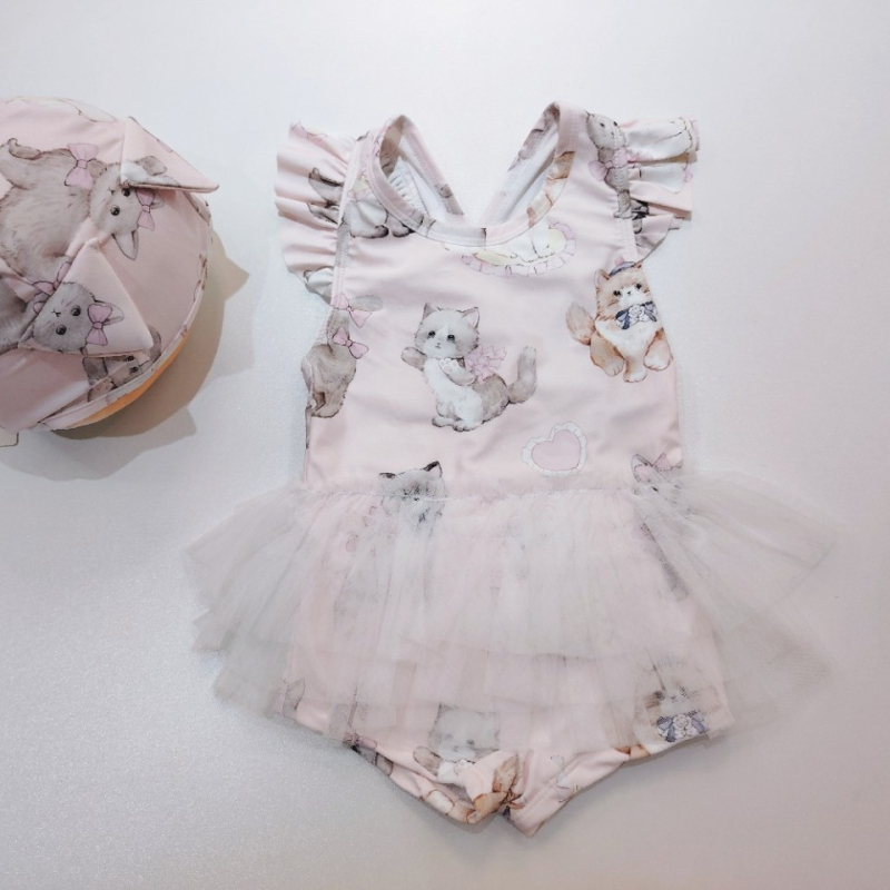 Ολόσωμο μαγιό για κορίτσια με φουσκωτή φούστα, μοτίβο γάτας-καρτούν, ύφασμα Milk Silk (100% Spandex), επένδυση πολυεστέρα (100% Spandex), κορεατικής έκδοσης καρτούν, κατάλληλο για κολύμβηση και υδάτινες δραστηριότητες, ηλικίες 1–10 ετών