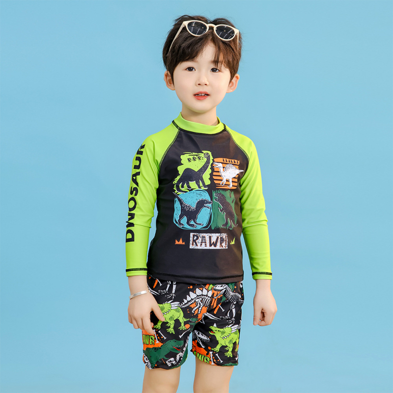 Παιδικό μαγιό για αγόρια με μακρύ μανίκι, προστασία από τον ήλιο, γρήγορο στέγνωμα, μοτίβο δεινοσαύρου; εξωτερικό ύφασμα πολυεστέρα 85%